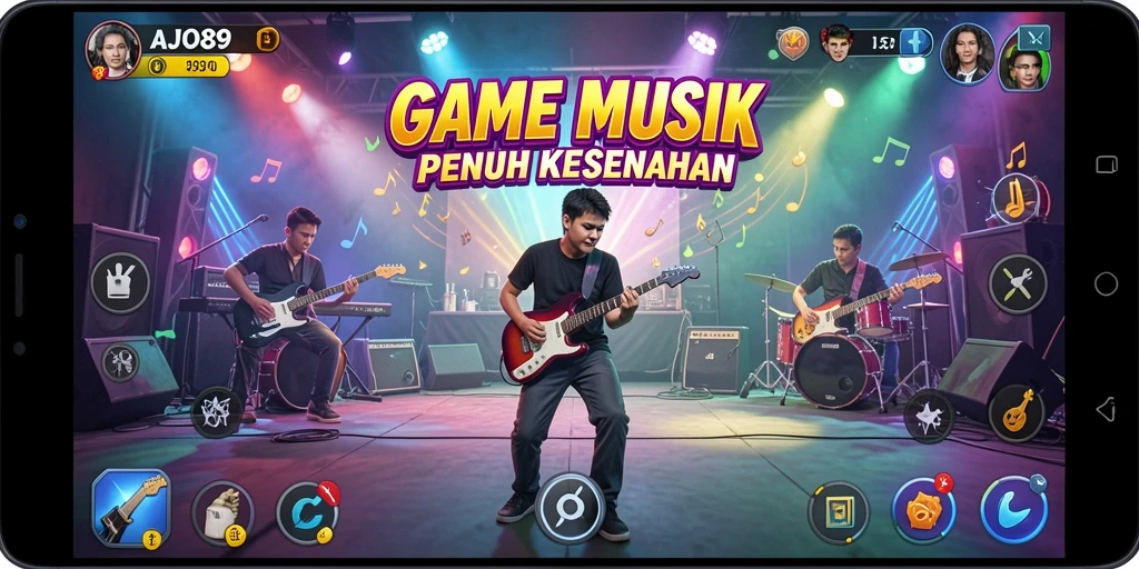 Tampilan gameplay AJO89 dengan alat musik virtual yang interaktif.