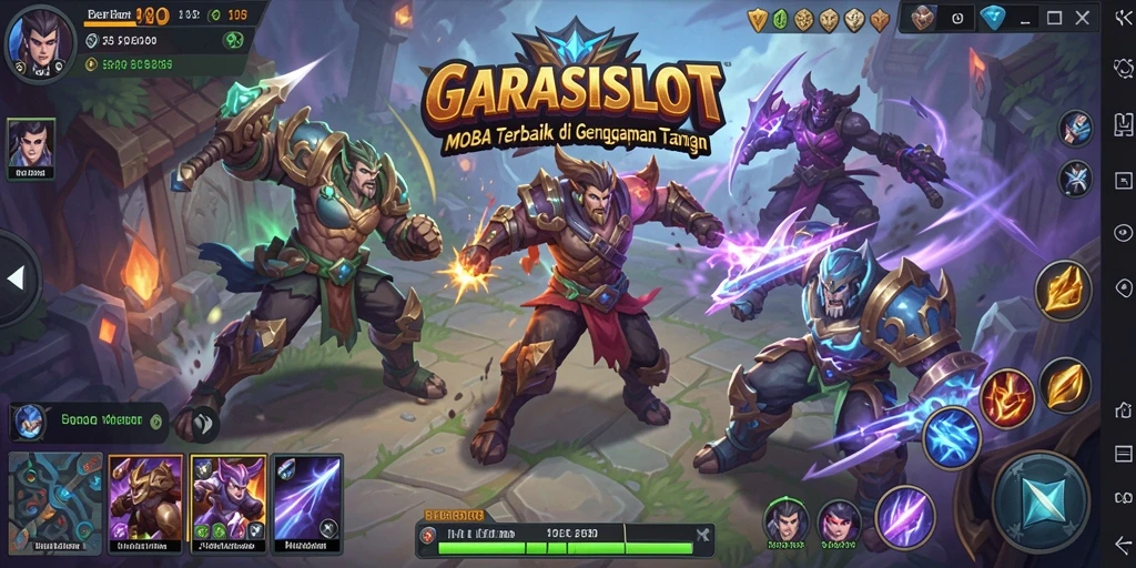 Screenshot menunjukkan pertarungan seru dalam arena MOBA GARASISLOT.