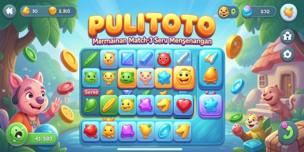 Tangkapan layar gameplay PULITOTO dengan berbagai kombinasi Match-3.